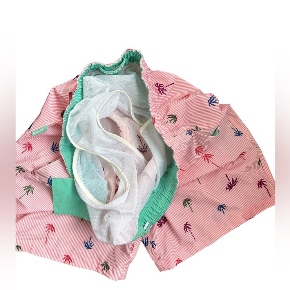 Bonobos Riviera Recycled Swim Trunks Pink Stripes Palm Trees 7” Inseam Size L - Picture 10 of 10